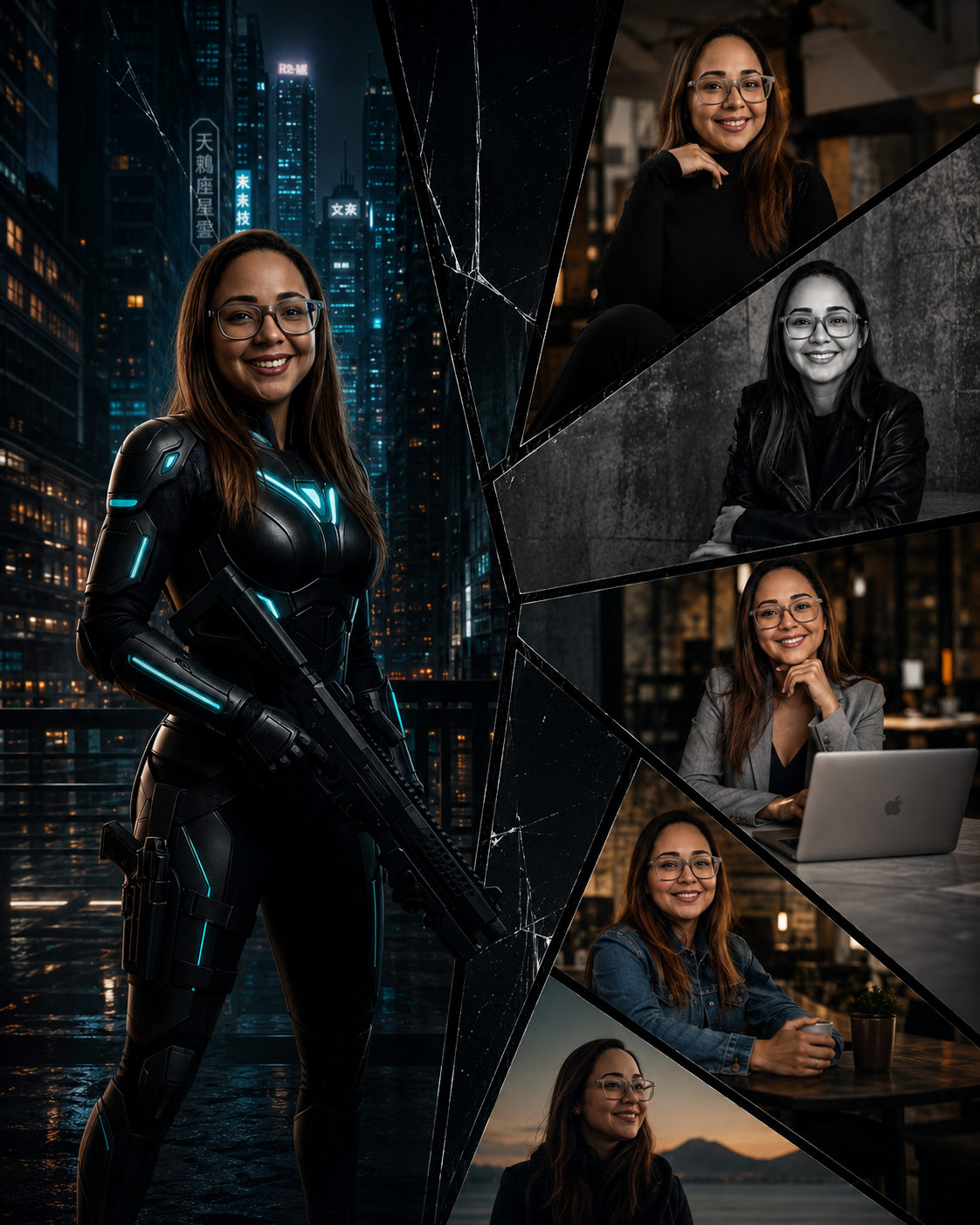 Cinematic AI-generated collage portrait of Fabiana, AI creator and video editor