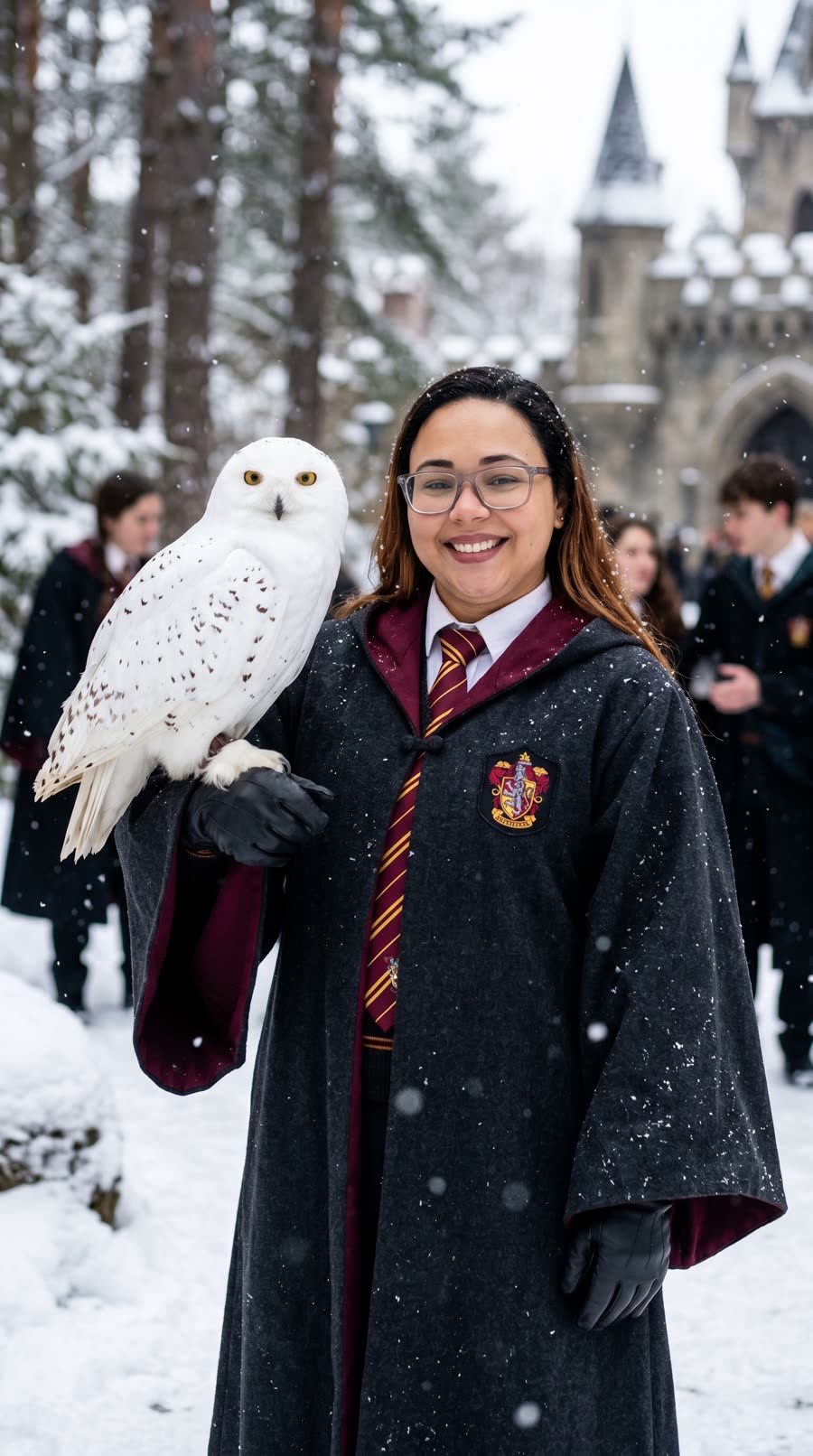 AI-generated portrait: wizard academy scene with snowy castle and owl, same real face kept consistent