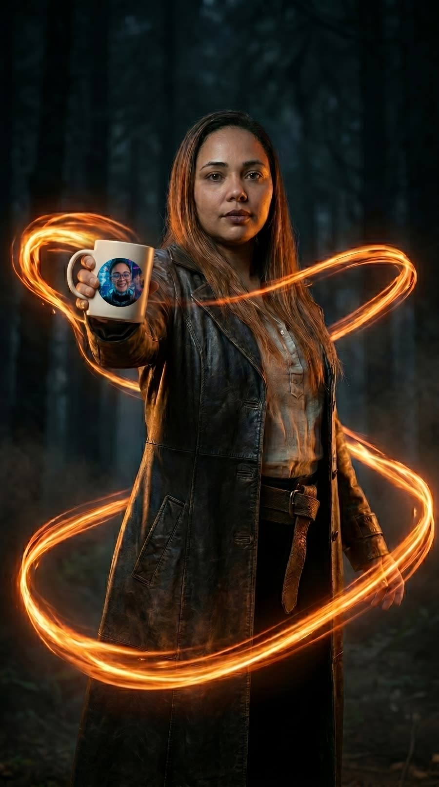 AI composite: cinematic portrait with light trails and product mug