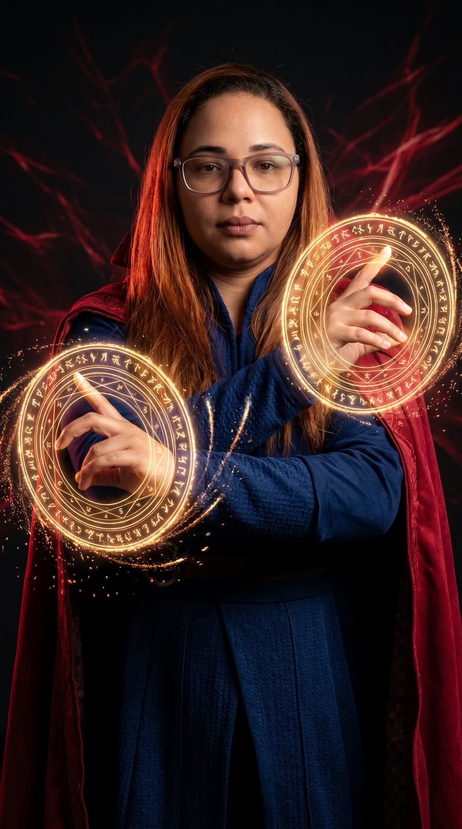 AI-generated cinematic sorcerer portrait with glowing rune circles
